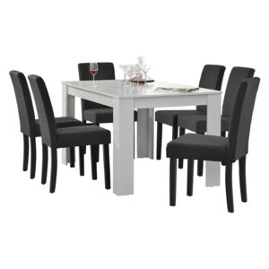 [en.casa]® Étkezőasztal 6 szövet székkel 140 x 90 cm design konyhai asztal étlezőszék fehér/sötétszürke Nora