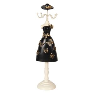 CLEEF.64469 Ékszertartó baba fekete ruhás arany pillangóval, 9x8x34cm, műanyag