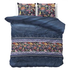 Luxus kék szőtt ágynemű színes virágokkal 200 x 220 cm 200x220