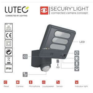 Lutec 7625501118 Esa 25W 5000K 1530lm IP54 kamera+audió mozgásérzékelős kültéri fali LED lámpa