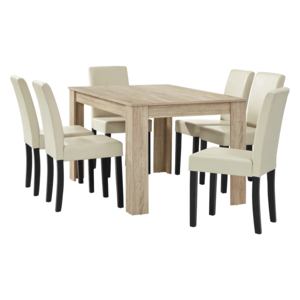[en.casa]® Étkezőasztal 140 x 90 cm 6 műbőr étkezőszék design konyhai asztal székkel Nora tölgy/világos barna-krémszín Garnitúra
