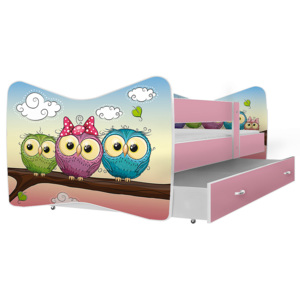 TOMI P1 mesefigurás gyerekágy fiókkal + AJÁNDÉK matrac + ágyrács, 160x80 cm, rózsaszín/minta 59