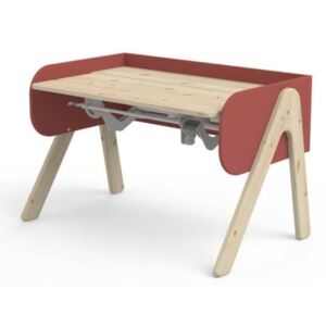 WOODY Állítható magasságú asztal, dönthető asztallappal, natúr színben, piros színű kerettel