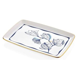 Bleu fehér porcelán szervírozó tányér kék virágokkal, 34 x 25 cm - Mia