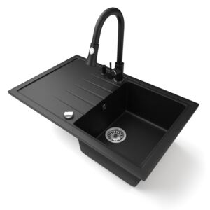 Gránit mosogató NERO Eris + kihúzható zuhanyfejes Snake csaptelep + adagoló + dugókiemelő (matt fekete)