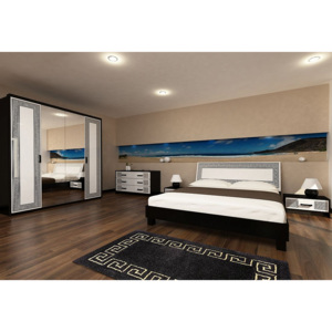 Hálószoba összeállítás NICOLA - ÁGY 180x200+ágyrács +matrac DE LUX+2 éjjeli szekrény+négyajtós tükrös szekrény+komód, magasfényű fehér /fekete