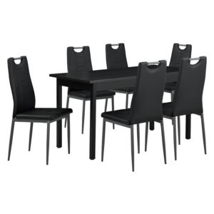 [en.casa]® Étkezőasztal 6 székkel 140 x 60 cm design konyhai asztal műbőr étkezőszék fekete Leverkusen