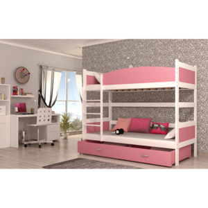 SWING emeletes ágy leesésgátlóval, 190x90 cm, fehér/rózsaszín