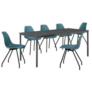 [en.casa]® Étkezőgarnitúra étkezőasztal 6 székkel 180 x 80 cm design konyhai asztal szürke/türkiz Liverpool