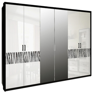 Hat ajtós szekrény BORRA tükörrel, 272,6x212,5x55, magasfényű fehér /fekete mat