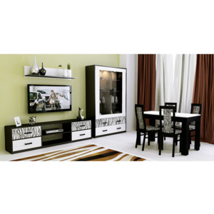 Nappali Összeállítás BORRA - TV szekrény + üvegezett Vitrines Szekrény, 2 ajtó + Polc + étkező Asztal 160 székek nélkülí, magasfényű fehér /fekete mat
