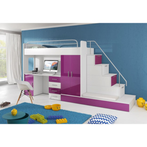 DARCY V, emeletes ágy, 80x200 cm, univerzális orientáció, fehér/magasfényű lila