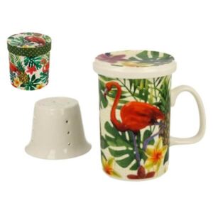 Flamingós teásbögre porcelán tetővel és szűrővel - dobozos
