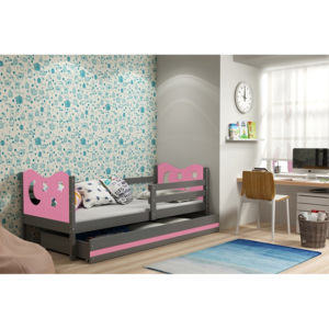 KAMIL gyerekágy + AJÁNDÉK matrac + ágyrács, 80x190 cm, grafit, rózsaszín