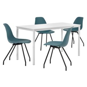 [en.casa]® Étkezőgarnitúra étkezőasztal 4 székkel 140 x 60 cm design konyhai asztal fehér/türkiz Liverpool