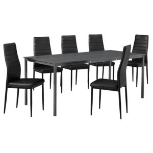[en.casa]® Étkezőgarnitúra étkezőasztal 6 műbőr székkel 180 x 80 cm design konyhai asztal szürke/fekete Liverpool