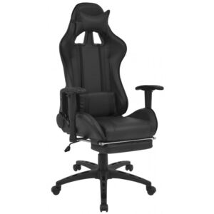 Fekete dönthető versenyautó ülés alakú irodai szék lábtartóval