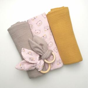 Babatakaró textil pelenka 3 db-os szett rózsaszín maci őz mintás - bézs - mustár nyuszis rágókával pamut nagy méret
