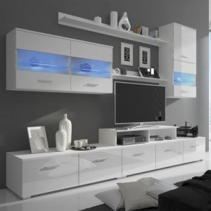 7-részes LED-es TV vitrinkombináció magasfényű fehér 250cm
