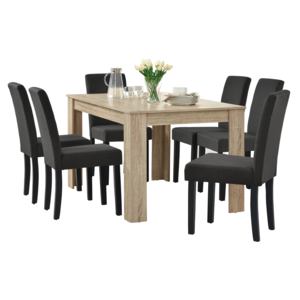 [en.casa]® Étkezőasztal 6 szövet székkel 140 x 90 cm design konyhai asztal étlezőszék tölgy/sötétszürke Nora