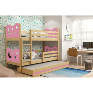 KAMIL emeletes ágy pótággyal, 80x160, borovifenyő/rózsaszín