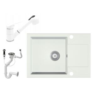 Gránit Mosogató EOS Adria + Kihúzható Shower Csap + Dugóemelő + Szifon (fehér)