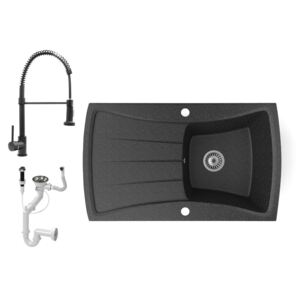 Gránit mosogatótálca NERO Venezia + kihúzható zuhanyfejes Spiral csaptelep + dugókiemelő (fekete)