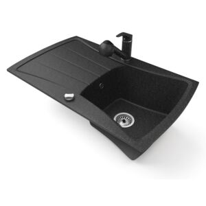 Gránit mosogatótálca NERO Venezia + kihúzható zuhanyfejes Shower csaptelep + dugókiemelő (fekete)