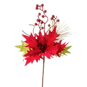 NV-123066-k - karácsonyi virág, műanyag, szövet, 46cm, piros, csillámporos