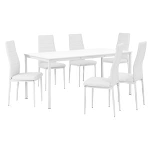 [en.casa]® Étkezőgarnitúra étkezőasztal 6 műbőr székkel 160 x 80 cm design konyhai asztal fehér Liverpool