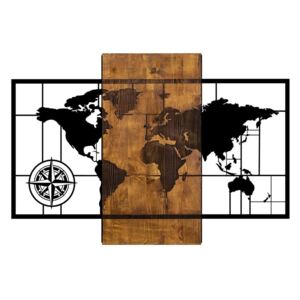 Fém világtérképes fali dekoráció, fa hátlappal, diófa-fekete - DEPART