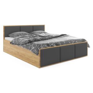 SANTOS kárpitozott ágy, 120x200, kraft tölgy/szürke + fémkeretes ágyrács + matrac