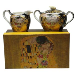 Klimt porcelán cukortartó és tejkiöntő szett - The Kiss fekete hátterű