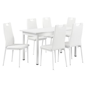 [en.casa]® Étkezőasztal 6 székkel 140 x 60 cm design konyhai asztal műbőr étkezőszék fehér Leverkusen