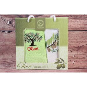 Konyhai törlőkendők ajándékcsomagolásban OLIVE-NILTEKS (2 db 30x50 cm) - zöldes-krémszín