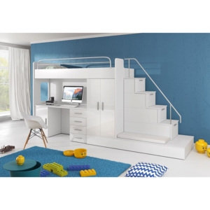 DARCY V, emeletes ágy, 80x200 cm, univerzális orientáció, fehér/magasfényű fehér
