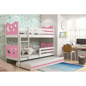 KAMIL 3 emeletes ágy + AJÁNDÉK matrac + ágyrács, 90x200 cm, fehér, rózsaszín