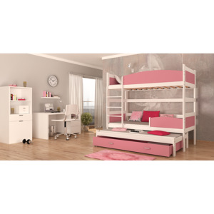 SWING3 emeletes ágy pótággyal, 190x90 cm, fehér/rózsaszín