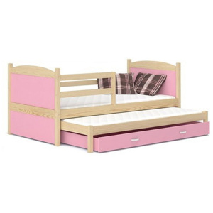 MATES P2 kinyitható gyerekágy + AJÁNDÉK matrac + ágyrács, tömörfa, 184x80 cm, fenyő/rózsaszín