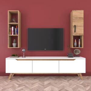 Fehér TV-komód, fali polc és szekrény fa dekorral