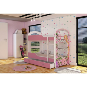 PATRIK 2 gyerekágy + AJÁNDÉK matrac + ágyrács, fehér/rózsaszín-minta LOCIKA, 180x80 cm