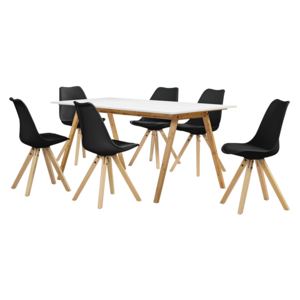 [en.casa]® Étkezőgarnitúra étkezőasztal 6 műbőr székkel 180 x 80 cm fehér/fekete 6 személyes konyhai asztal Niko