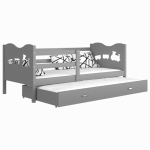FOX P2 Color tömörfa gyerekágy + AJÁNDÉK matrac + ágyrács, 184x80 cm, szürke/vonat/szürke
