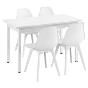 [en.casa]® Étkezőgarnitúra étkezőasztal 120cm x 60cm x 75cm székekkel étkező szett konyhai asztal 4 műanyag székkel 83x54x48 cm fehér