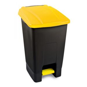 Szelektív hulladékgyűjtő konténer, műanyag, pedálos, fekete/sárga, 70L