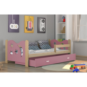 MICKEY gyerekágy + AJÁNDÉK matrac + ágyrács, 160x80 cm, fenyő/rózsaszín