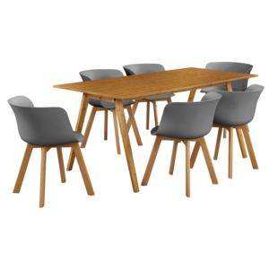 [en.casa]® Étkezőgarnitúra étkezőasztal 6 design székkel 180 x 80 cm bambusz/szürke 6 személyes konyhai asztal Niko