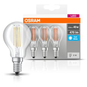 OSRAM Base LED kisgömb, átlátszó üveg búra, 4W 470lm 4000K E14 − 3 db-os szett, átlagos élettartam: 10000 óra, fényszín: hideg fehér LED BASE CL P 40 FIL 4W 4000K E14 x3 ( 4058075819733 )