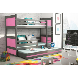 FIONA 3 emeletes ágy pótággyal, 80x190 cm, grafit/rózsaszín
