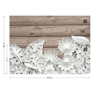 Fotótapéta GLIX - Vintage Elegáns 3D Faragott Fehér Virágok Fa Deszka Textúra Nem szőtt tapéta - 254x184 cm
